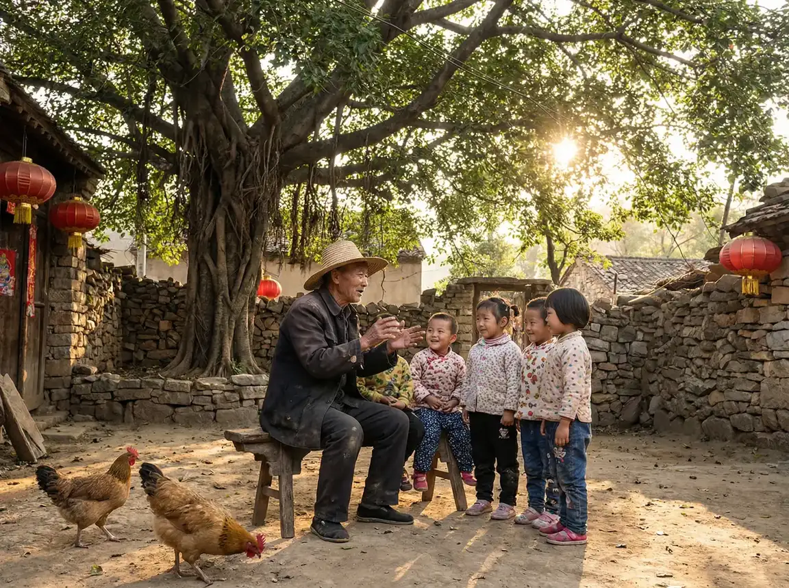 老人在大榕树下给孩子们讲故事 - 高压监狱 乡村记忆